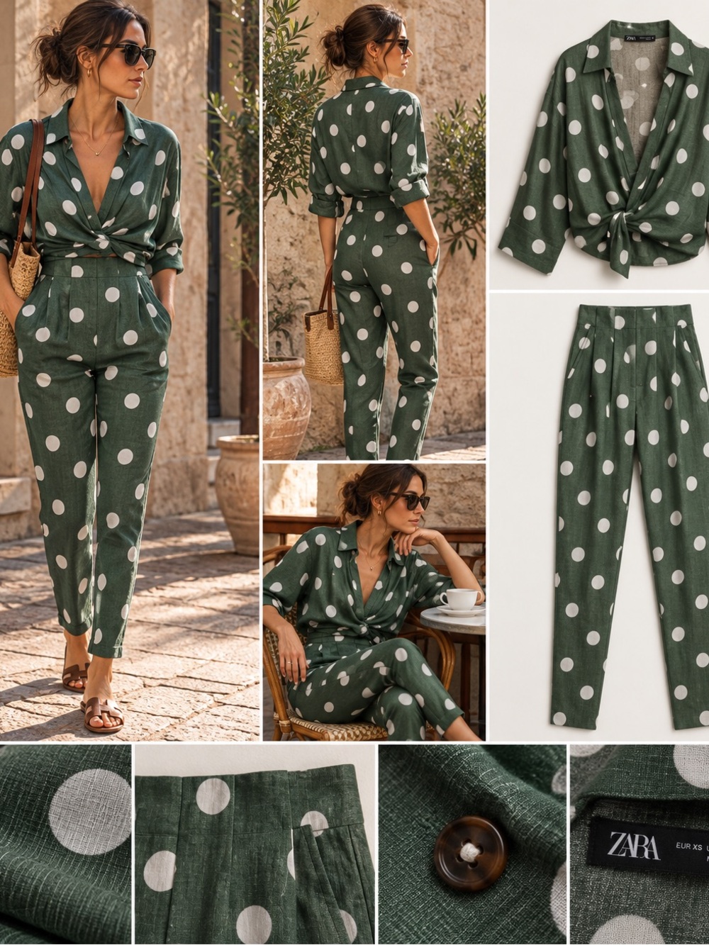 Zara Linen Olive Green Polka Dot Tie-Front Jumpsuit